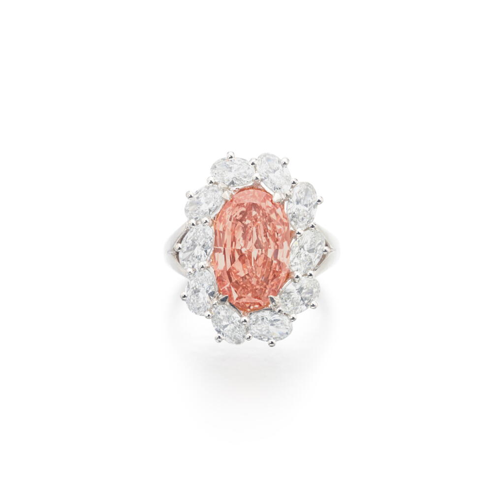 View full screen - View 1 of Lot 649. Important Fancy Intense Orangy Pink diamond ring.
