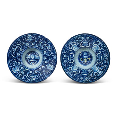 View full screen - View 1 of Lot 173. Two Faenza berrettino-ground plates, circa 1525, one dated 1526.