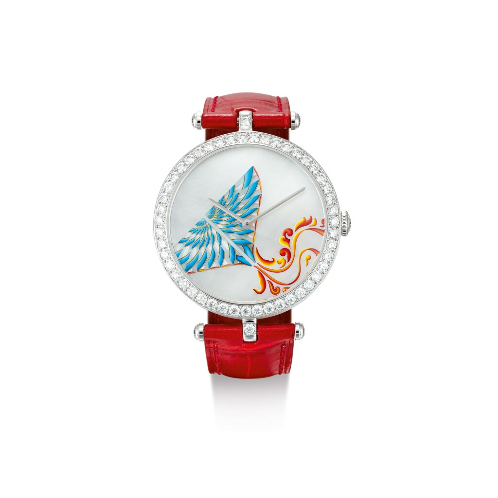 View full screen - View 1 of Lot 2150. VAN CLEEF & ARPELS | CERFS-VOLANTS EXTRAORDINARY DIALS, REFERENCE AR04F800, A LIMITED EDITION WHITE GOLD AND DIAMOND-SET WRISTWATCH WITH MOTHER-OF-PEARL AND ENAMEL DIAL, CIRCA 2019 | 梵克雅寶 | "Cerfs-Volants Extraordinary Dials 型號AR04F800 限量版白金鑲鑽石腕錶,備珠母貝及琺瑯錶盤,錶殼編號HH42812及3610165,約2019年製".