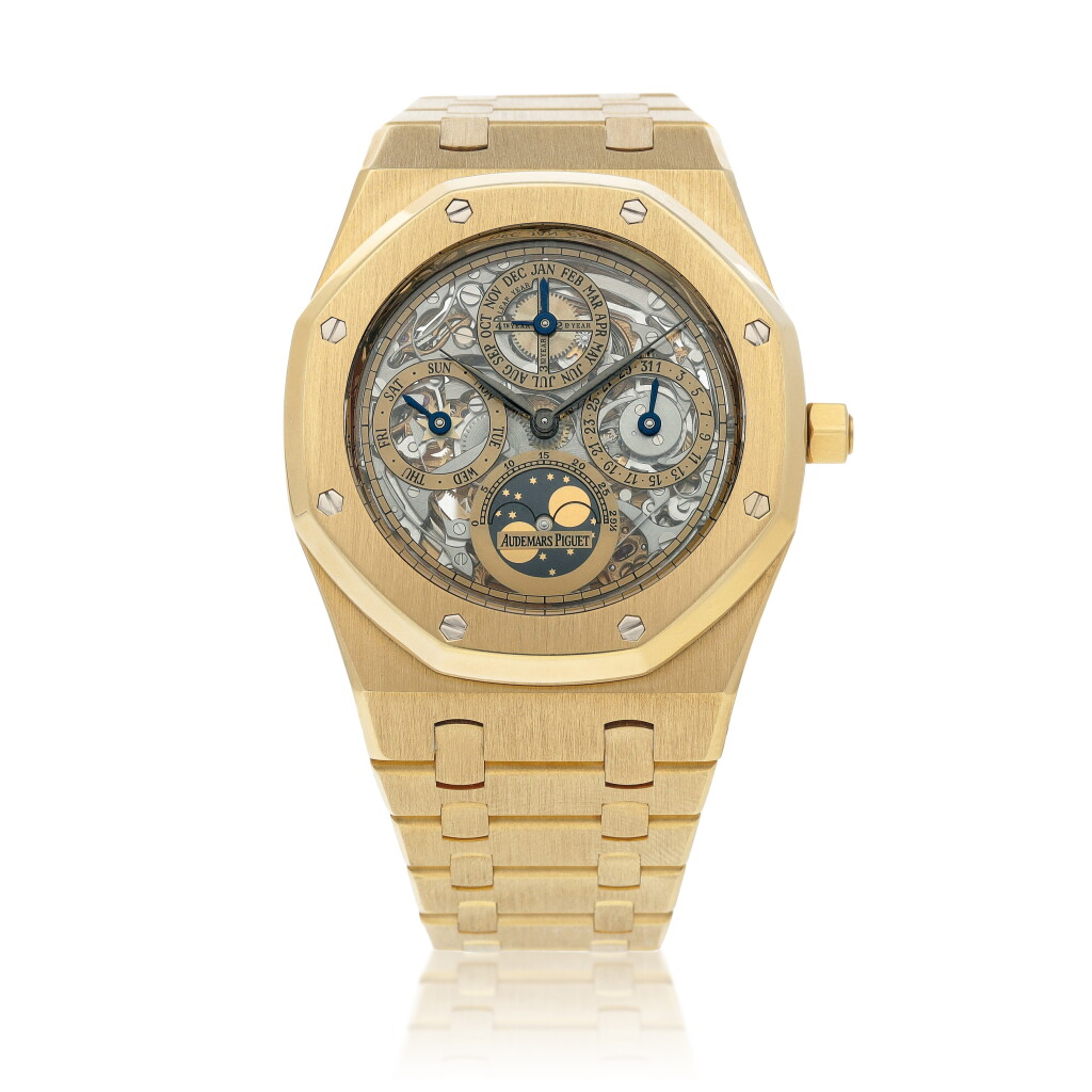 View full screen - View 1 of Lot 107. Royal Oak Perpetual Calendar Openworked, 25829BA.OO.0944BA Yellow gold skeletonized perpetual calendar wristwatch with moon phases, leap year indication and bracelet Circa 2013 | 愛彼 | 25829BA.OO.0944BA型號「Royal Oak Perpetual Calendar Openworked」黃金鏤空萬年曆鍊帶腕錶備月相及閏年顯示,年份約2013.