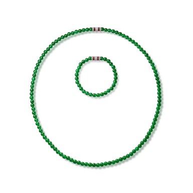 View full screen - View 1 of Lot 1879. An Impressive Jadeite Bead, Ruby and Diamond Necklace / Bracelet | 天然翡翠 配 鑽石 戒指 / 掛墜.