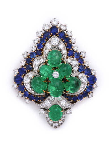 View full screen - View 1 of Lot 5. BULGARI | EMERALD, SAPPHIRE AND DIAMOND CLIP-BROOCH.