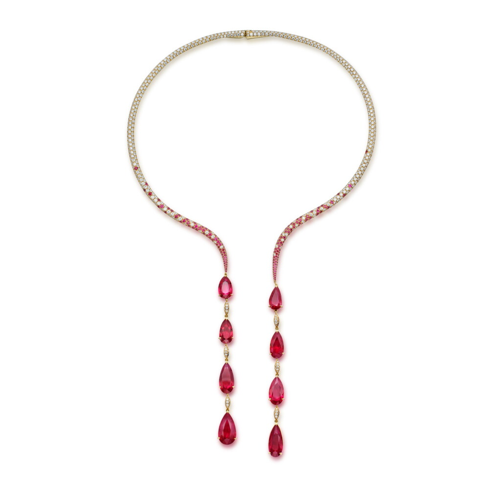 View full screen - View 1 of Lot 149. Gold, Ruby and Diamond Necklace.