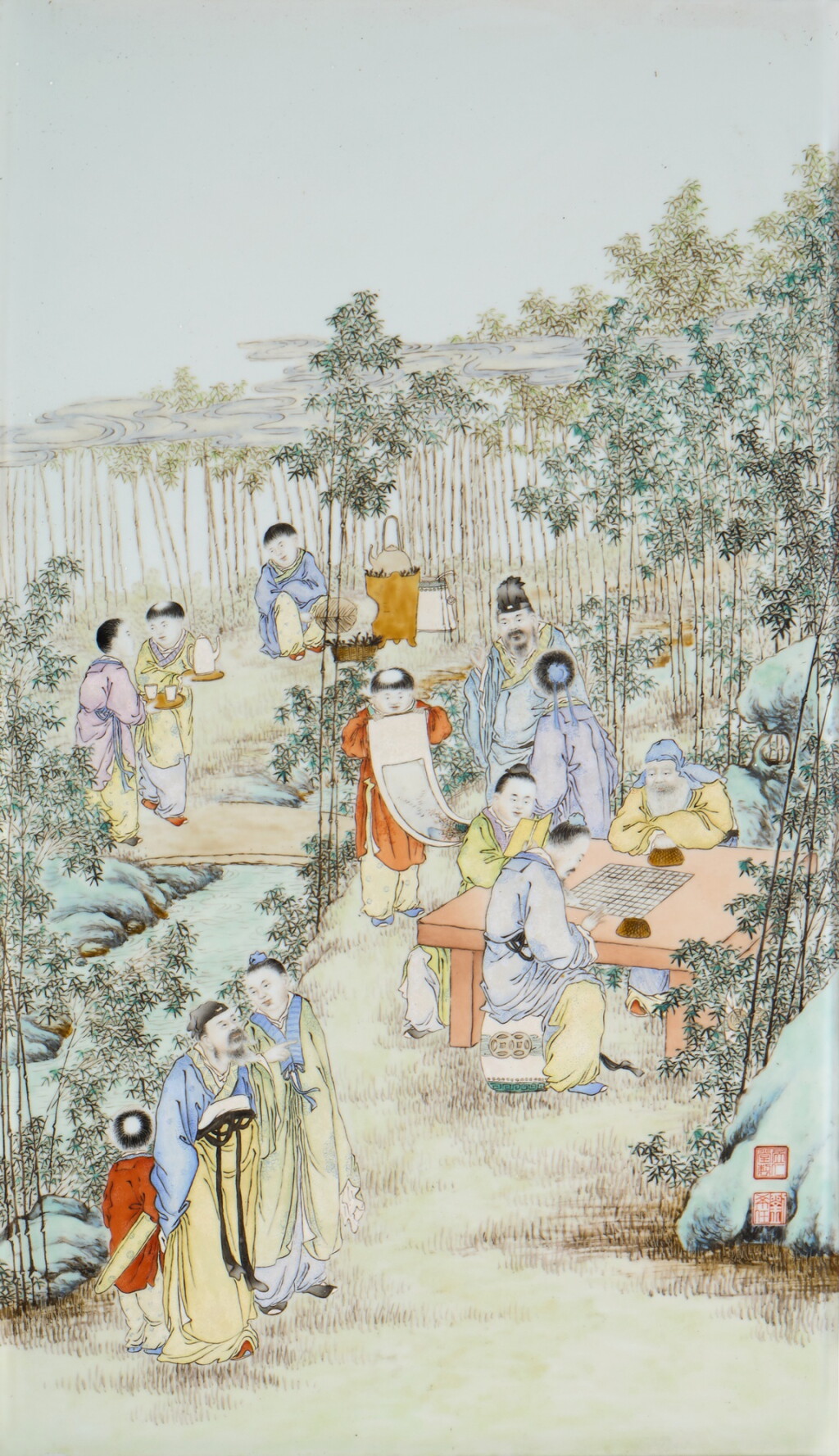 View full screen - View 1 of Lot 47. A famille-rose 'scholars gathering' plaque by Liu Xiren, Republic period .