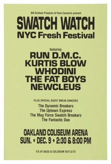 View full screen - View 1 of Lot 50. RUN-DMC | "BILL GRAHAM PRESENTS & PACE CONCERTS PRESENT SWATCH WATCH NYC FRESH FESTIVAL" CONCERT POSTER, 1984.