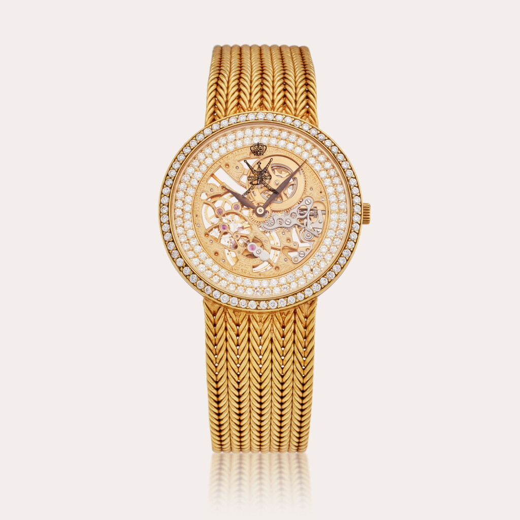 View full screen - View 1 of Lot 478. 'Khanjar' | A yellow gold and diamond-set skeletonized wristwatch with bracelet, Made for the Sultanate of Oman, Circa 1970s.