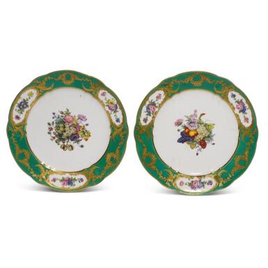 View full screen - View 1 of Lot 57. A pair of Sèvres green-ground plates (assiettes à palmes), 1784.
