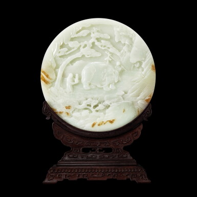 View full screen - View 1 of Lot 3685. A white jade 'tribute bearer' table screen, Qing dynasty, Qianlong period | 清乾隆 白玉胡人獻寶圖插屏.