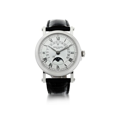 View full screen - View 1 of Lot 29. REFERENCE 5059 A WHITE GOLD AUTOMATIC PERPETUAL CALENDAR WRISTWATCH WITH RETROGRADE DATE, MOON PHASES AND LEAP YEAR INDICATION, MADE IN 2002.