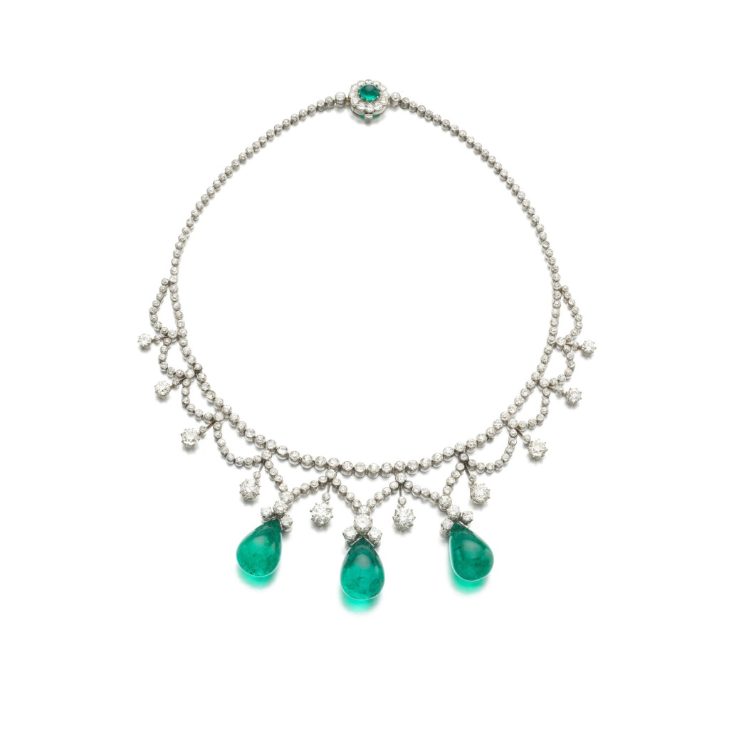 View full screen - View 1 of Lot 546. Emerald and diamond necklace.