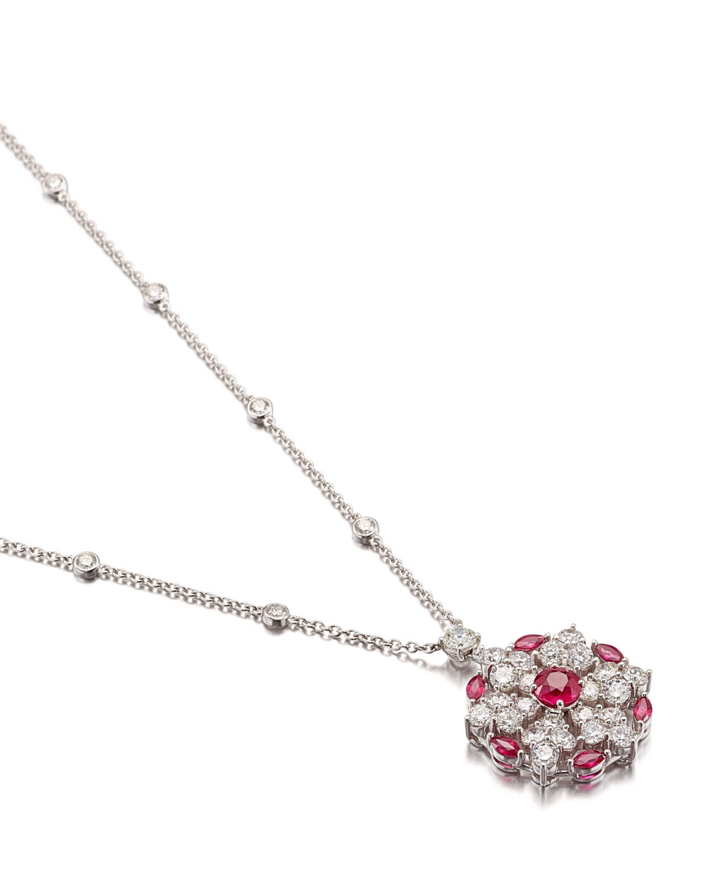 View full screen - View 1 of Lot 1057. GRAFF | 'SNOWFLAKE' RUBY AND DIAMOND PENDENT NECKLACE | 格拉夫 'Snowflake' 紅寶石 配 鑽石 項鏈.