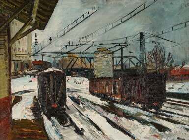 View full screen - View 1 of Lot 494. Train Station in Snow.