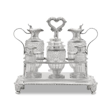 View full screen - View 1 of Lot 56. A George III silver and cut-glass cruet set, Paul Storr of Storr & Co. for Rundell, Bridge & Rundell, London, 1816-1822.