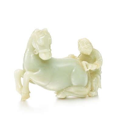 View full screen - View 1 of Lot 492. A large celadon jade 'horse and groom' group, Qing dynasty, 18th - 19th century 清十八至十九世紀 青白玉雕胡人洗馬.
