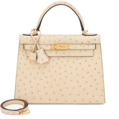 View full screen - View 1 of Lot 502. Parchemin Ostrich Kelly 28 Sellier Gold Hardware, 2019.