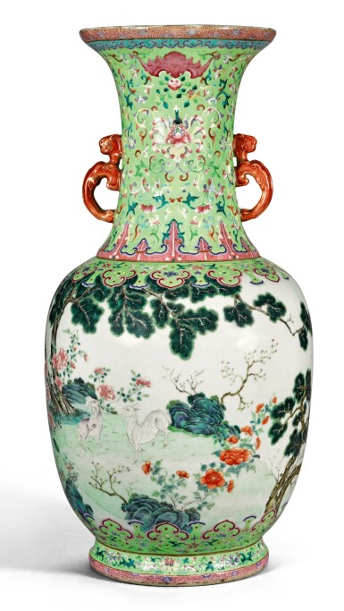 View full screen - View 1 of Lot 162. A FINE AND RARE LARGE LIME-GREEN GROUND FAMILLE-ROSE 'THREE RAMS' VASE QING DYNASTY, DAOGUANG PERIOD SHENDETANG HALL MARK | 清道光 綠地粉彩通景三羊開泰雙螭耳大瓶 《慎德堂製》款.