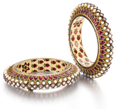 View full screen - View 1 of Lot 268. A PAIR OF GEM-SET AND ENAMELLED BRACELETS (KADA), NORTH INDIA, CIRCA 1900.