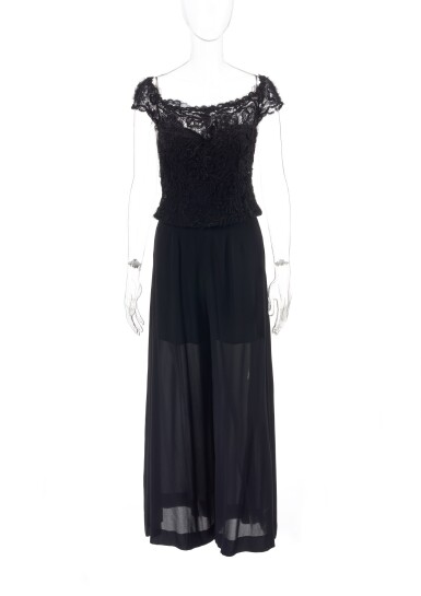 View full screen - View 1 of Lot 29. Black lace top and pair of silk trousers.