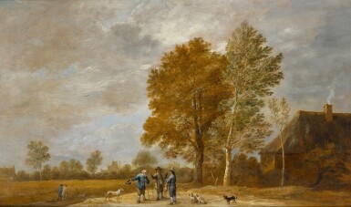 View full screen - View 1 of Lot 163. A landscape with a falconer and other figures conversing, with dogs.