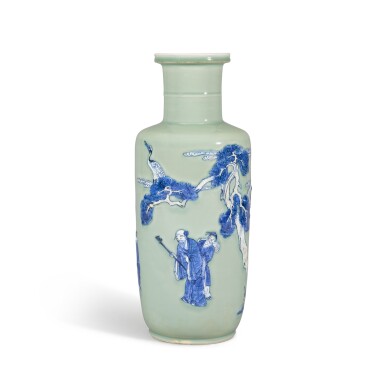 View full screen - View 1 of Lot 123. A large celadon-ground underglaze-blue and copper-red rouleau vase, Qing dynasty, Kangxi period | 清康熙 豆青地青花釉裏紅鶴鹿同春圖棒槌瓶.