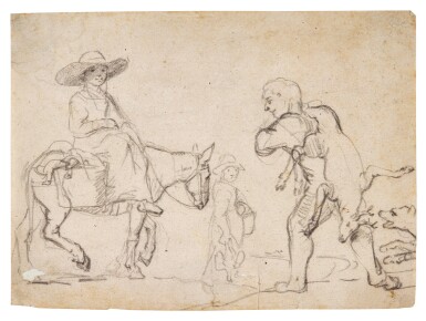 View full screen - View 1 of Lot 568. ATTRIBUTED TO JAN SIBERECHTS | SHEET OF STUDIES: A PEASANT WOMAN RIDING ON A MULE, ANOTHER WALKING, CARRYING A DEAD FOWL, AND A MAN CARRYING A DEAD DEER BEING BARKED AT BY A DOG.