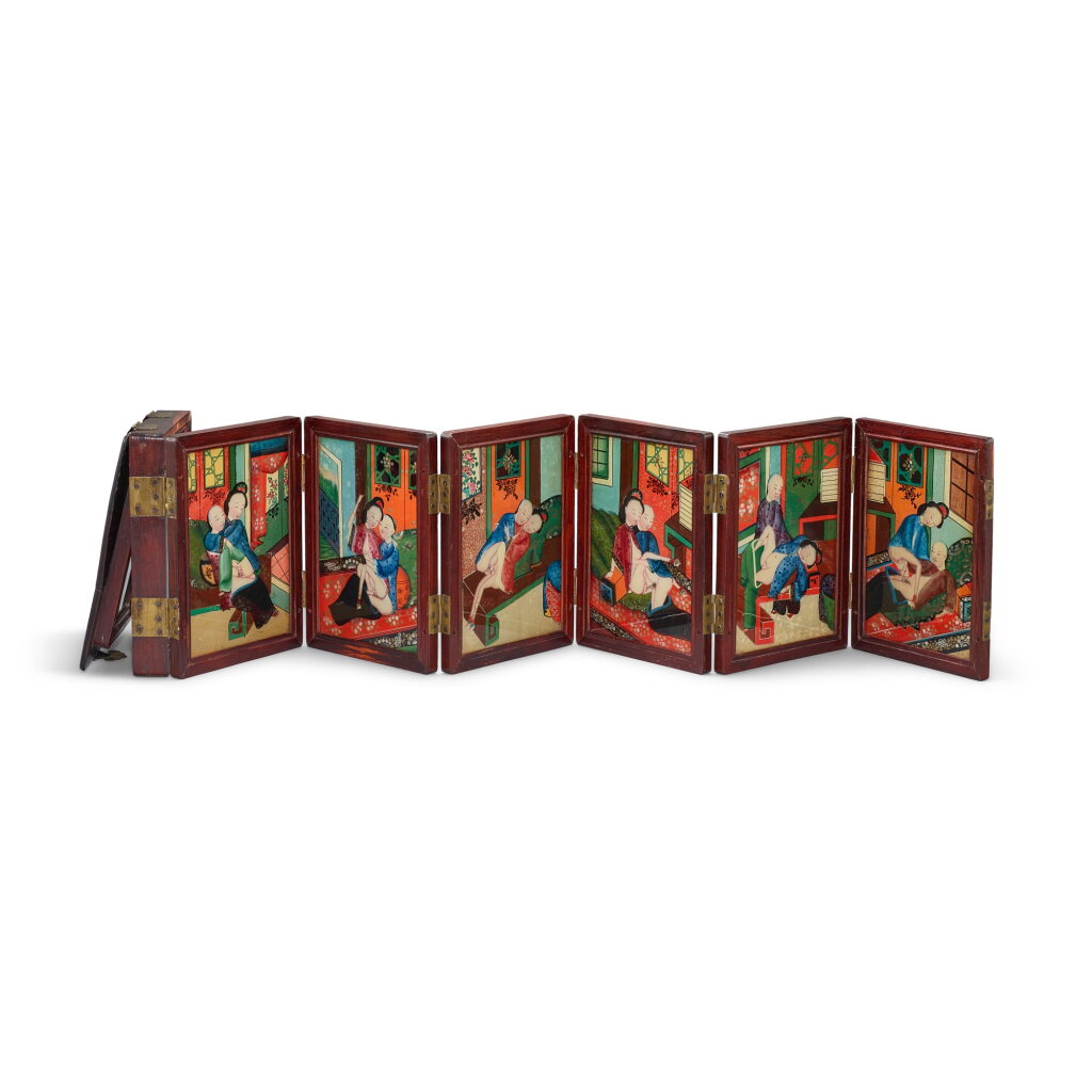 View full screen - View 1 of Lot 551. A travelling mirror case with erotic reverse glass panels, Qing dynasty, 19th century 清十九世紀 紅木嵌玻璃畫春宮圖妝奩.