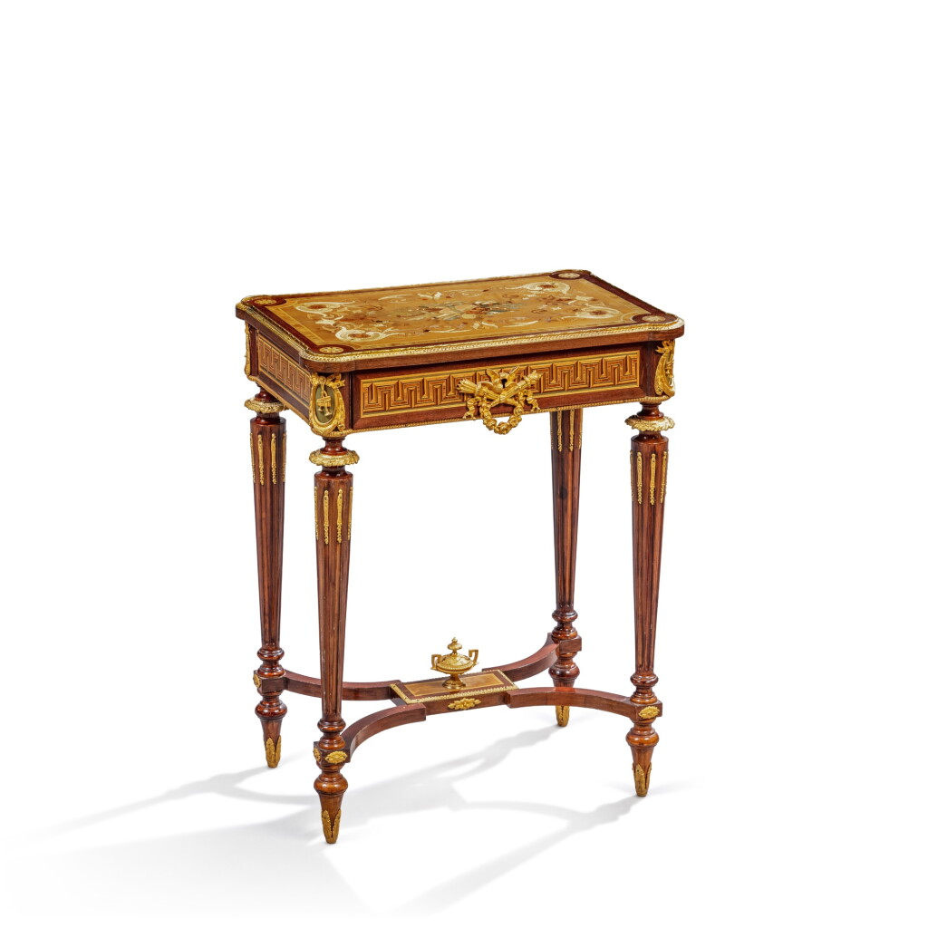View full screen - View 1 of Lot 745. A Louis XVI style gilt-bronze-mounted tulipwood, amaranth, burl maple and marquetry toilet table, late 19th/early 20th century.