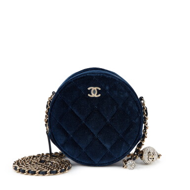 View full screen - View 1 of Lot 5523. Navy Velvet Quilted Crystal Pearl Crush Round Clutch with Chain Gold Hardware, 2020.