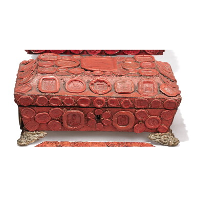 View full screen - View 1 of Lot 612. A REGENCY RED WAX SEAL SARCOPHAGUS-FORM JEWEL BOX WITH BRASS HANDLES, EARLY 19TH CENTURY.