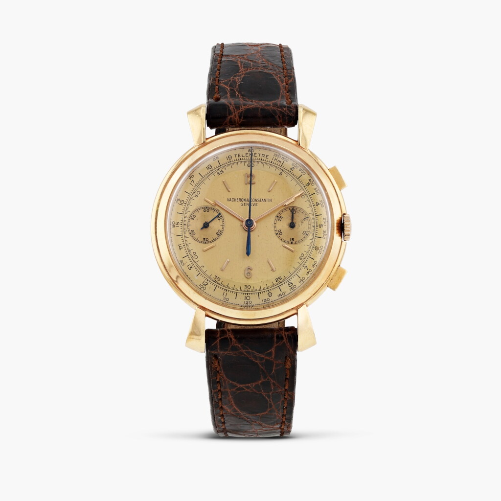 View full screen - View 1 of Lot 402. Pink gold chronograph wristwatch, circa 1945.