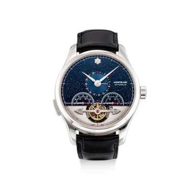 View full screen - View 1 of Lot 8010. MONTBLANC | EXO TOURBILLON REFERENCE FTFD3FFG8-7354 | A LIMITED EDITION WHITE GOLD AND DIAMOND-SET TOURBILLON MONO PUSHER CHRONOGRAPH WRISTWATCH WITH DATE AND AVENTURINE DIAL, CIRCA 2015 | 萬寶龍 | Exo Tourbillon 型號FTFD3FFG8-7354 限量版白金鑲鑽石陀飛輪單按鈕計時腕錶,備日期及砂金石錶盤,約2015年製.