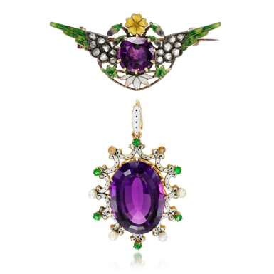 View full screen - View 1 of Lot 63. Carlo & Arthur Giuliano | Enamel, amethyst and diamond brooch || and an enamel, amethyst, garnet and seed pearl pendant, 1890s.