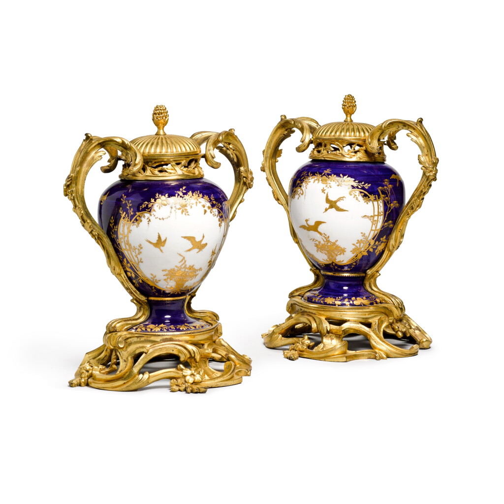 View full screen - View 1 of Lot 181. A pair of Louis XV gilt-bronze mounted Vincennes bleu lapis porcelain pots pourris and covers, the porcelain circa 1752, the mounts mid-18th century.