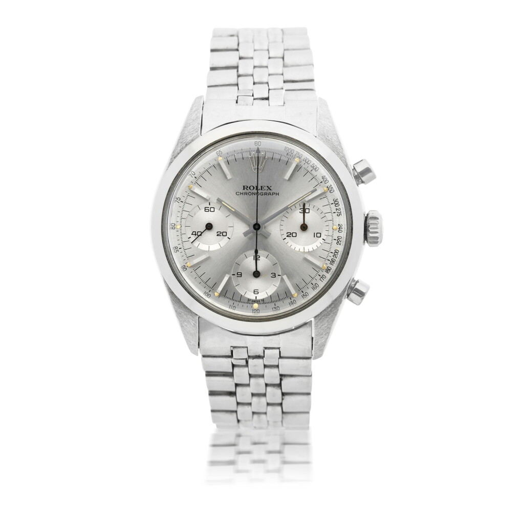 View full screen - View 1 of Lot 36. ROLEX | REFERENCE 6238 'PRE-DAYTONA' A STAINLESS STEEL CHRONOGRAPH WRISTWATCH WITH REGISTERS AND BRACELET, CIRCA 1965.