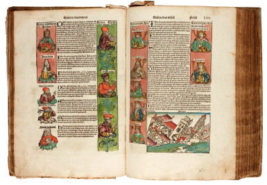 View full screen - View 1 of Lot 256. Schedel, Liber chronicarum, Nuremberg, 1493, hand-coloured, vellum over wooden boards, lacking maps.