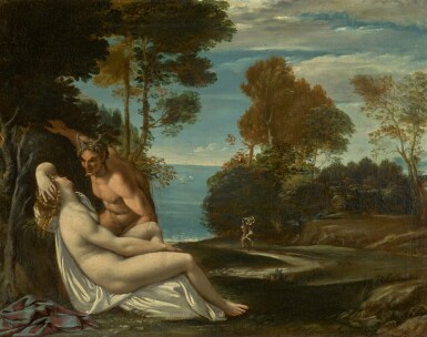 View full screen - View 1 of Lot 13. FOLLOWER OF ANNIBALE CARRACCI | A NYMPH AND SATYR IN A LANDSCAPE.