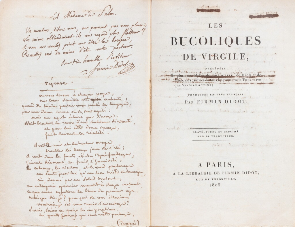 View full screen - View 1 of Lot 164. Mes soixante ans. 1833. + VIRGILE. Les Bucoliques. EAS de Firmin Didot. + SALM. Mes Pensées..