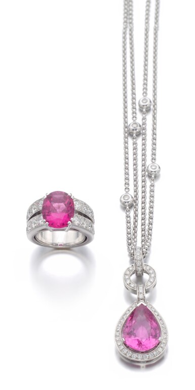 View full screen - View 1 of Lot 60. TOURMALINE AND DIAMOND NECKLACE AND A RING.
