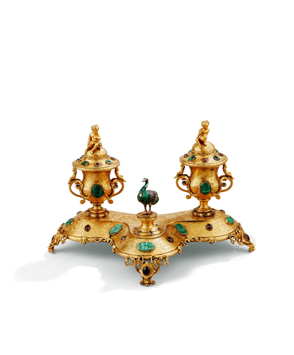 View full screen - View 1 of Lot 69. A GILT-BRONZE INKSTAND INSERT WITH HARDSTONES AND ENAMEL, PROBABLY ITALY, CIRCA 1860 | ENCRIER EN BRONZE DORÉ SERTI DE PIERRES SEMI-PRÉCIEUSES ET ÉMAIL, PROBABLEMENT ITALIE, VERS 1860 .