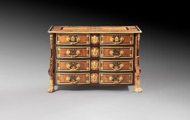 View full screen - View 1 of Lot 12. A gilt bronze mounted tinted ivory, fruitwood and ebony marquetry commode, Louis XIV, in the manner of Pierre Gole, circa 1710 | Commode en marquetrie et incrustations de laiton et ivoire, placage d'ébène et bronze doré d'époque Louis XIV, dans le goût de Pierre Gole, vers 1710.