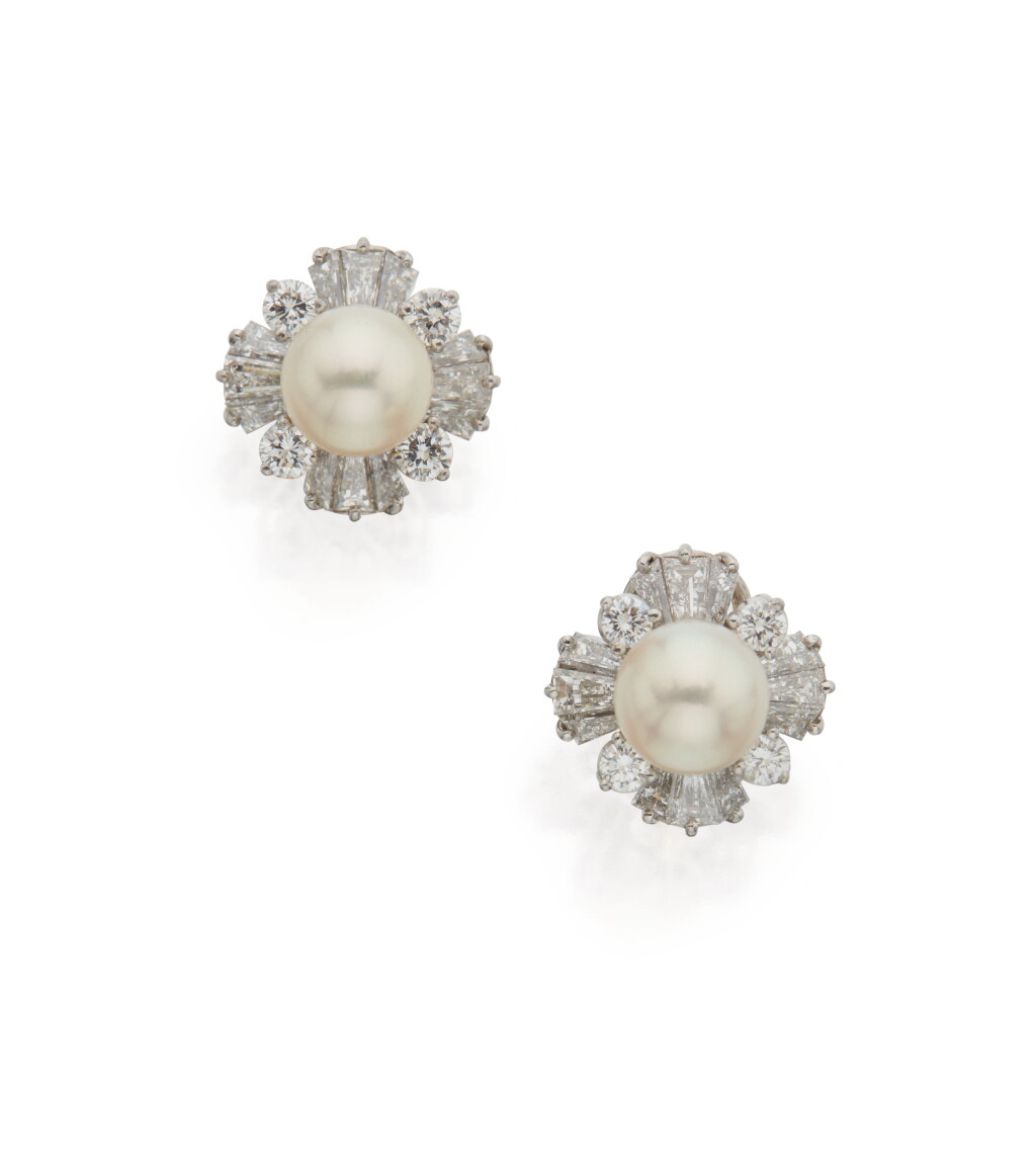 View full screen - View 1 of Lot 26. PAIR OF CULTURED PEARL AND DIAMOND EARCLIPS, OSCAR HEYMAN & BROTHERS.
