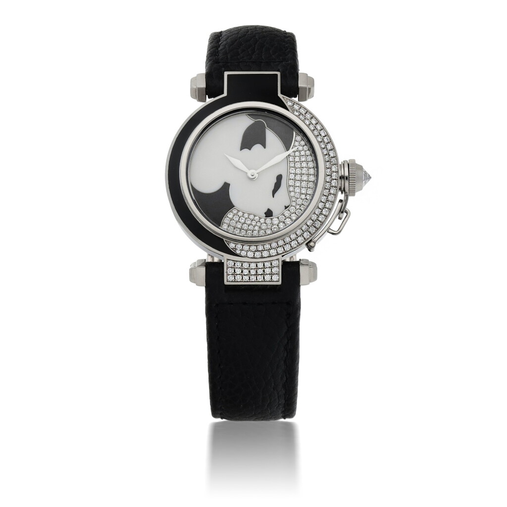 View full screen - View 1 of Lot 659. CARTIER | PASHA DE CARTIER, LIMITED EDITION WHITE GOLD AND DIAMOND-SET WRISTWATCH WITH 'PANDA' CLOISONNE ENAMEL DIAL CIRCA 2006.