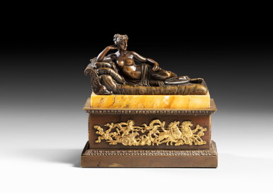 View full screen - View 1 of Lot 69. An Empire patinated bronze and Sienna marble inkstand, after Canova | Encrier en bronze patiné d'après Canova d'époque Empire.