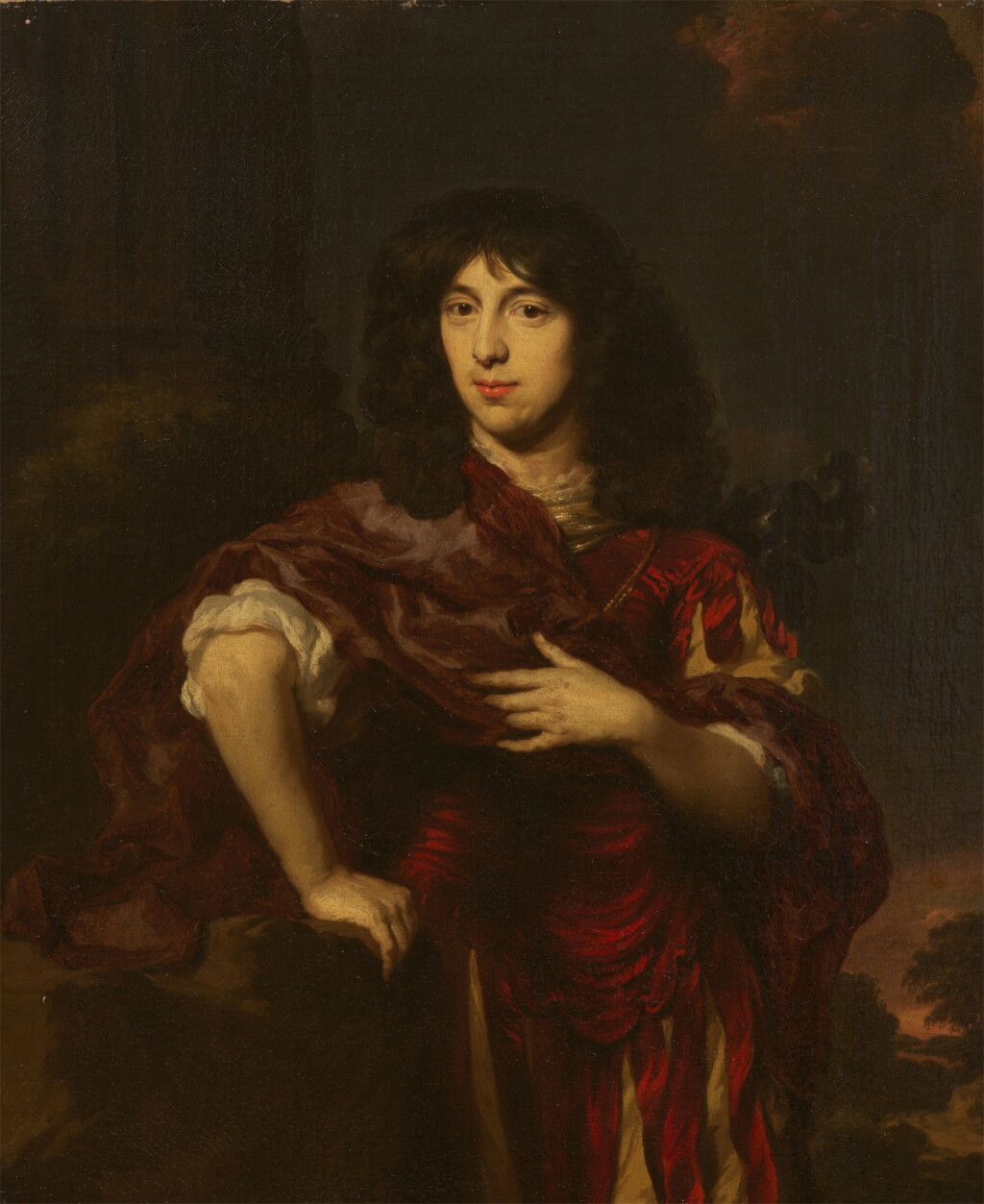 View full screen - View 1 of Lot 1016. Portrait of a gentleman, three-quarter-length, wearing a red silk mantle.