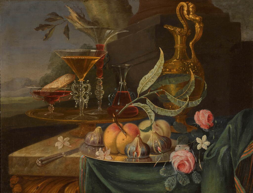 View full screen - View 1 of Lot 661. Still life with peaches and figs on a pewter plate, together with glasses and a ewer on a marble ledge.