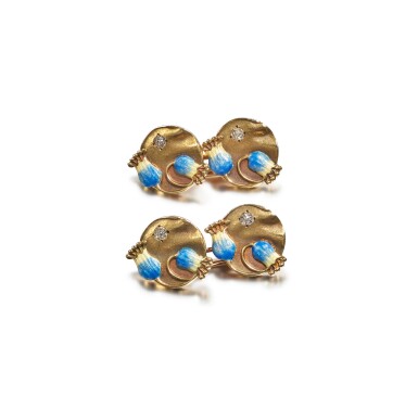 View full screen - View 1 of Lot 96. A Pair of Fabergé Jewelled Gold and En Plein Enamelled Cufflinks, Moscow, 1899-1908.