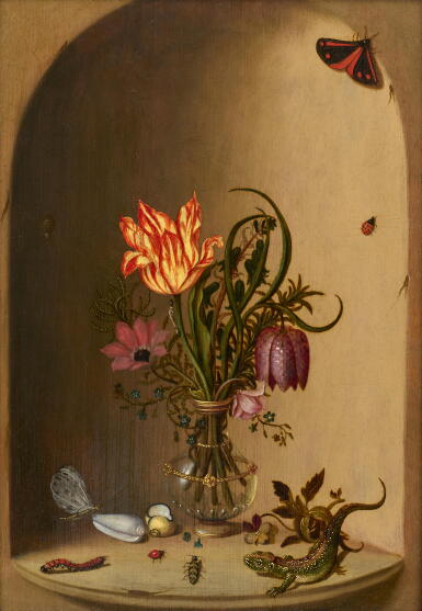 View full screen - View 1 of Lot 425. Still Life of a Vase of Flowers, with Shells, Insects, and a Lizard in a Niche.