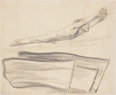 View full screen - View 1 of Lot 355. Fahnen, drei Fahnen, darüber eine nach rechts aufwärts schwebende nackte männliche Gestalt (Flags, Three Flags, A Naked Male Figure Floating Above Them).