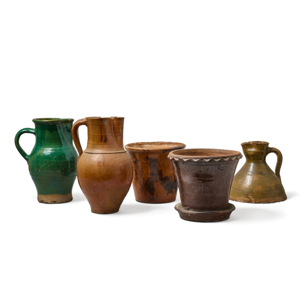 View full screen - View 1 of Lot 66. Assortment of Five Glazed Red Earthenware Vessels, Probably Pennsylvania, 19th century.