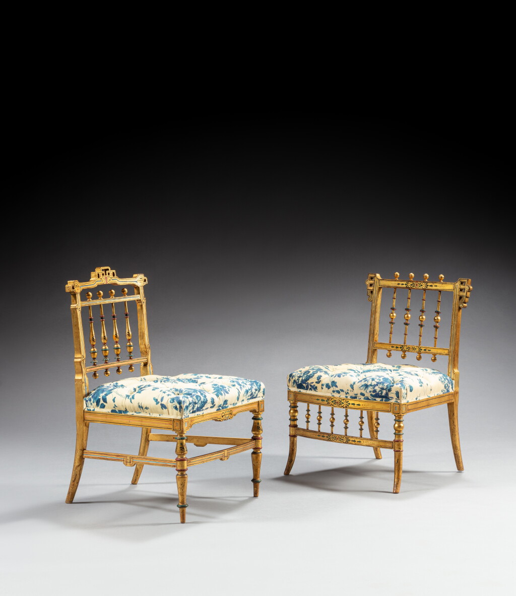 View full screen - View 1 of Lot 228. A matched pair of Napoleon III painted and giltwood small chairs, circa 1860.